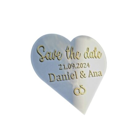 Placuta Save The Date, in forma de inima, diametrul 40cm, cu litere aurii in relief, 3D