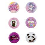 Set 6 Insigne Rotunde Girl Power, Unicorn, Panda si Mesaje Motivationale, Accesorii pentru Haine si Rucsacuri