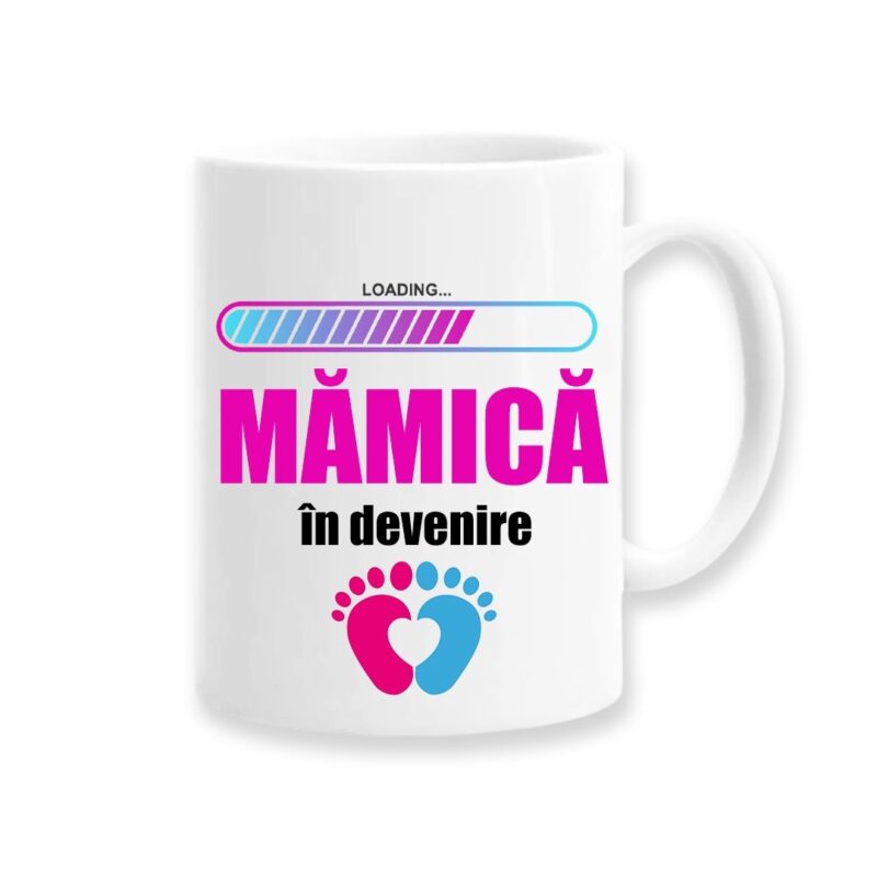 Cana personalizata pentru viitoare mamica cu mesaj "Loading, mamica in devenire", Betaprint, 330ml, alba, ceramica