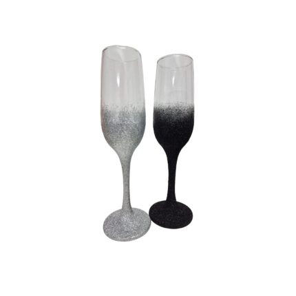 Set 2 pahare pentru sampanie, miri sau nasi cu sclipici argintiu si negru, handmade