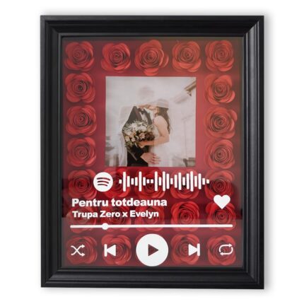 Tablou 3D pentru persoana draga cu poza, Spotify cu melodie si flori handmade, pentru iubit/iubita, parinti, nasi, prieteni, rama alba 23x28cm, trandafiri rosii si fundal rosu