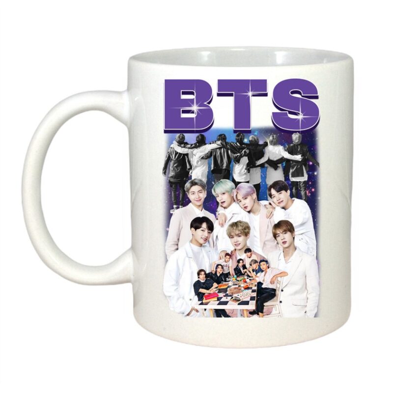 Cana personalizata cu imprimeu BTS Bangtan, Ceramica, 330 ml, Maner si interior Alb