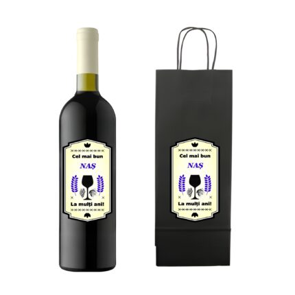 Set personalizat sticla de vin rosu, demisec, Feteasca Neagra, 750 ml si punga de cadouri cu imprimeu Cel mai bun nas, la multi ani
