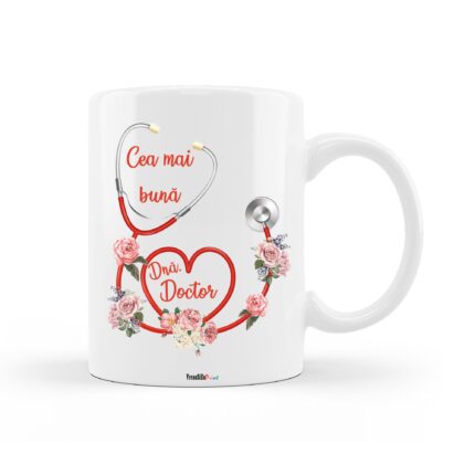 Cana personalizata cu mesajul "Cea mai buna Dna. Doctor", ceramica alba, 330 ml
