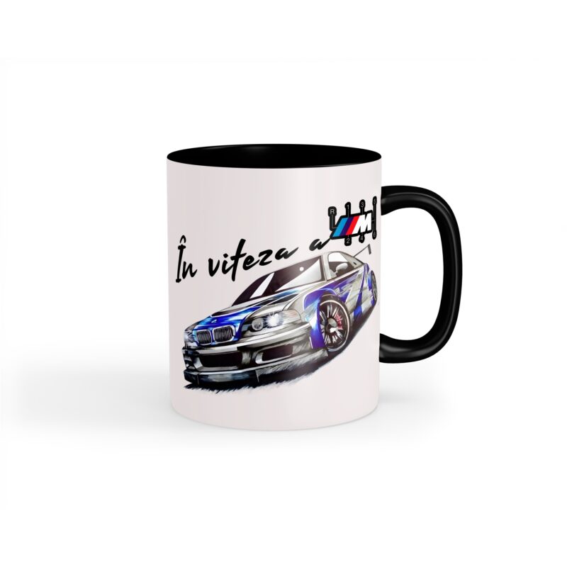 Cana pentru fani BMW, alba cu interior negru si toarta neagra, ceramica, 330ml