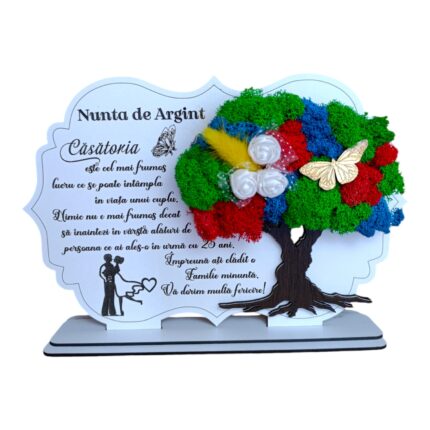 Tablou copac cu licheni stabilizati, personalizat cu mesaj standard pentru casatorie, nunta de argint, fini, dimensiune 30x20cm, model 3, personalizabil, alb