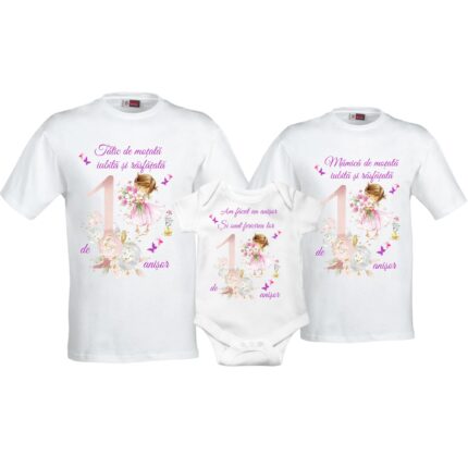 Set 2 tricouri si 1 body personalizate Aniversare 1 an, Taiere Mot, Turta, Fetita cu flori, My Way, CRLA32, Roz, 100% bumbac, S