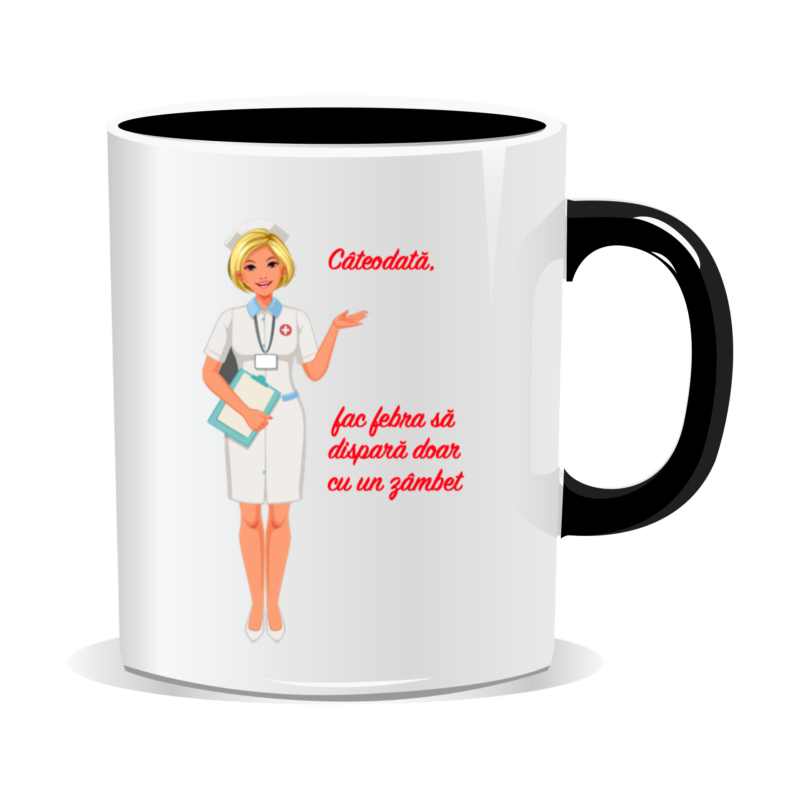 Cana personalizata pentru asistenta medicala, Fac febra sa dispara cu un zambet, 330 ml, interior negru