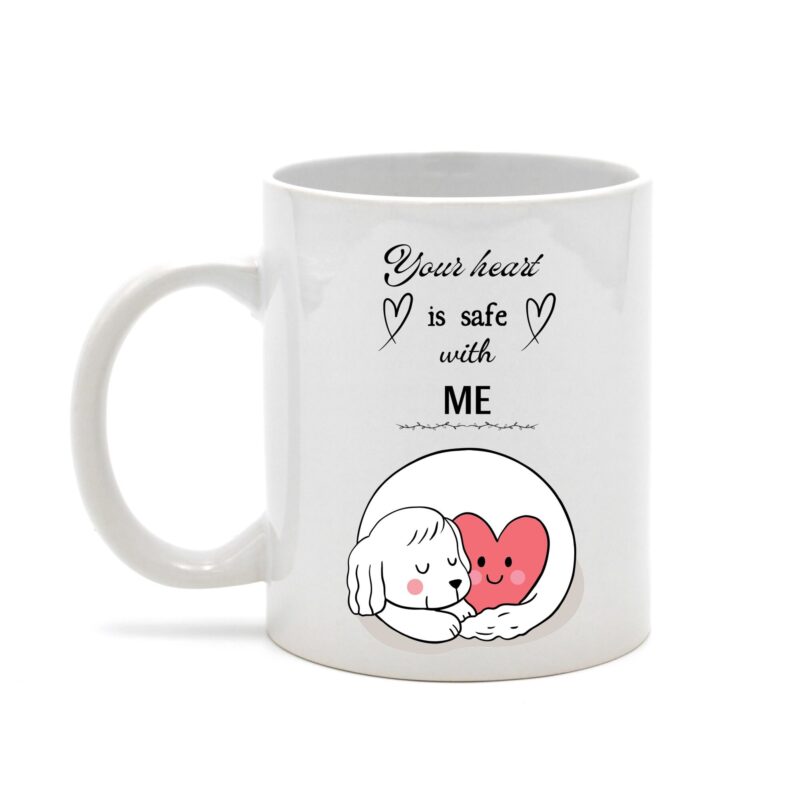 Cana personalizata fata-verso cu Caine si mesajul "Your heart is safe with me", ceramica alba, 300ml