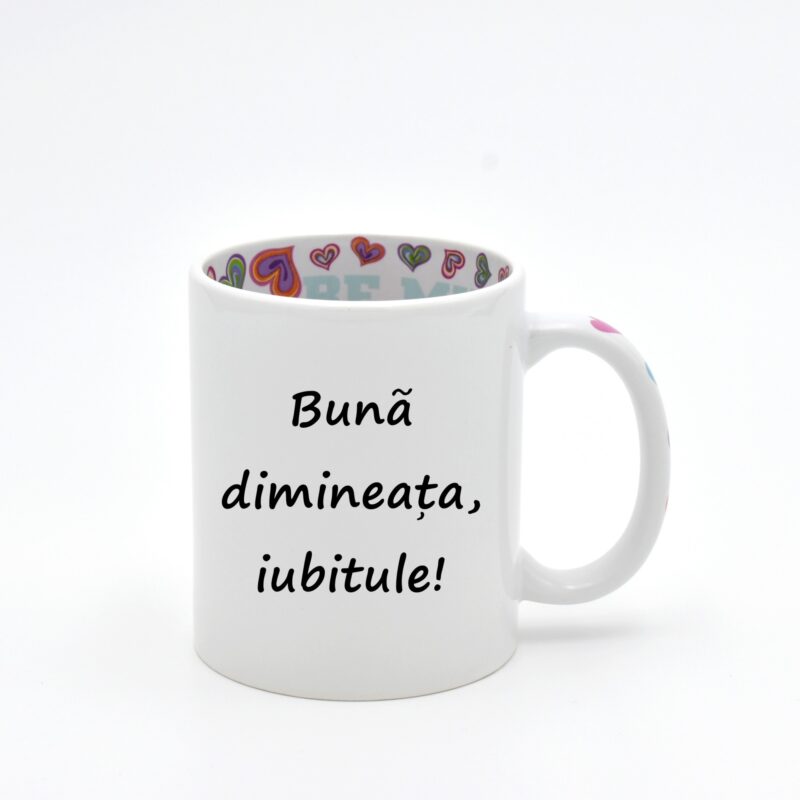 Cana cu inimi colorate in interior si pe maner personalizata fata-verso cu mesajul "Buna dimineata, iubitule!" si Inima rosie "LOVE" 300ml