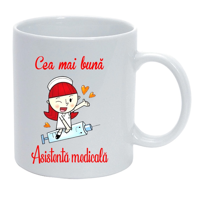 Cana personalizata alba Cea mai buna Asistenta medicala, ceramica, 330 ml, Pop Radu Danile II