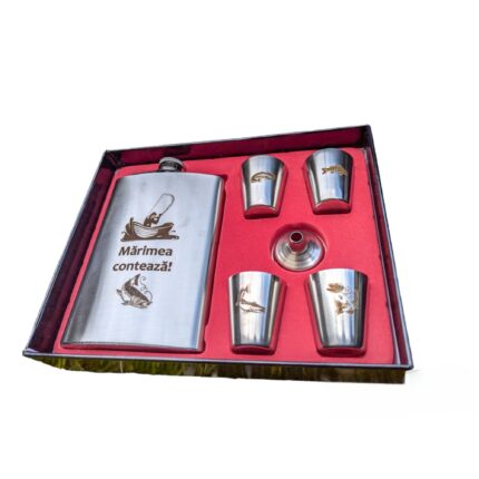 Set cadou, plosca + 4 pahare, inox, o idee amuzanta pentru cadou, pescar