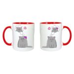 Set cani personalizate cu imprimeu de Ziua Indragostitilor,, Ceramica, 330 ml, Maner si interior Rosu, Model 82