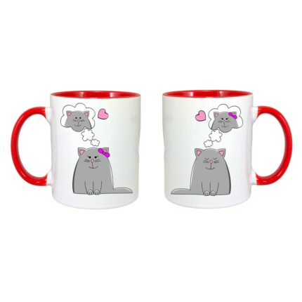 Set cani personalizate cu imprimeu de Ziua Indragostitilor,, Ceramica, 330 ml, Maner si interior Rosu, Model 82