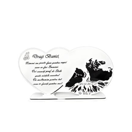 Decoratiune blank inima copacul vietii, personalizata cu mesaj standard pentru bunici, gravat laser "Dragi Bunici...", baza cu suport din lemn, Alb, 30X16cm