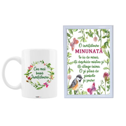 Set cadou personalizat pentru invatatoare, cana ceramica alba, "Cea mai buna invatatoare", 330 ml si rama foto cu mesaj, 10 x 15 cm