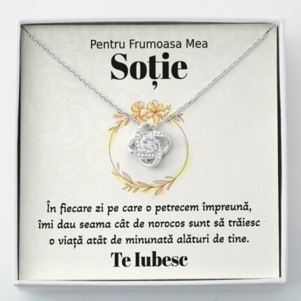 Set Colier Argint 925 Cu Pandant Nodul Iubirii Placat Cu Aur Alb 14K, JOYSTOS, Si Card Foto Cu Mesaj Pentru Sotie "Pentru Frumoasa Mea Sotie"
