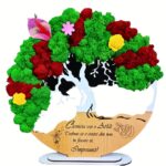 Decoratiune Copacul vietii cu suport, personalizat cu mesaj standard gravat laser "Casnicia este o arta", decorat cu licheni stabilizati naturali si flori decorative, cadou casatorie, nunta, cununie, miri, fini, 20cm, model 1, alb