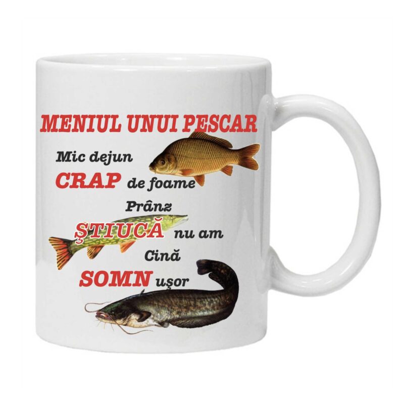 Cana personalizata "meniu pentru pescari si rugaciune pentru pescari", Ceramica, INOVATIX, 330 ml