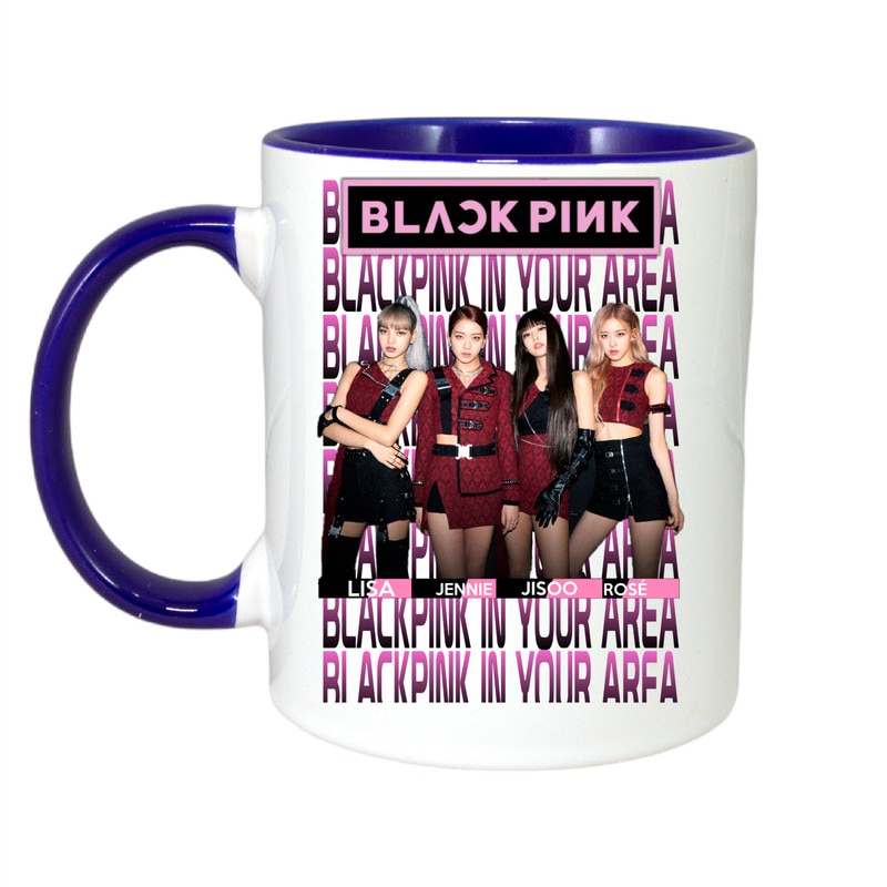 Cana personalizata cu imprimeu Black Pink Ice Cream, Ceramica, 330 ml, Maner si interior Albastru