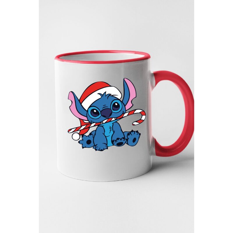 Cana personalizata cu imprimeu, Lilo si Stitch - Editie de Craciun model 2, Ceramica, 330 ml, Maner si interior Rosu