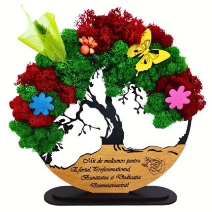 Decoratiune Copacul vietii cu suport, personalizat cu mesaj standard gravat laser "Mii de multumiri..", cadou universal pentru profesor, invatator, educator, doctor, medic, decorat cu licheni stabilizati si flori decorative, 20cm, model 1, negru