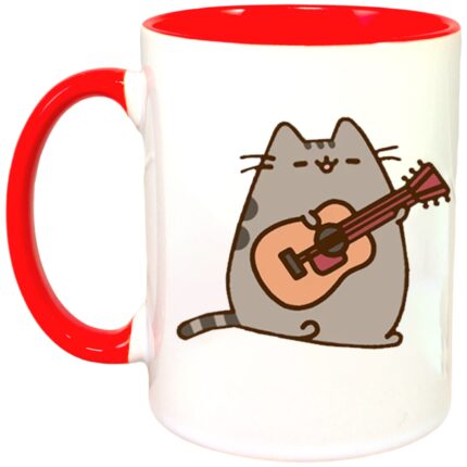 Cana personalizata cu interior colorat, rosu, Cana Pusheen Cat Plush Cute Pisica Chitara, 330 ml
