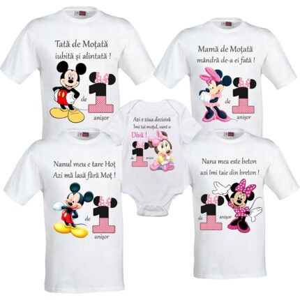 Set 4 tricouri si 1 body personalizate Aniversare 1 an, Taiere Mot, Turta, Minnie Mickey mouse, My Way, CRLA37, Roz, 100% bumbac, S