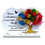 Tablou copac cu licheni stabilizati, personalizat cu mesaj standard pentru invatator, invatatoare, dimensiune 30x20cm, model 3, alb