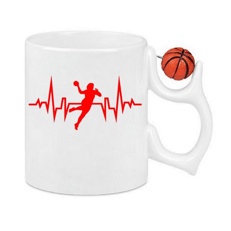 Cana personalizata cu imprimeu, Ritm cardiac - Handbal, Ceramica, 330 ml, Maner minge baschet