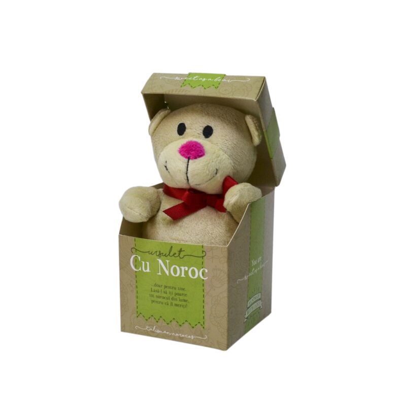 Urs Plus in cutie cu mesaj personalizat "Ursulet Cu Noroc", 12.5 x 9 cm