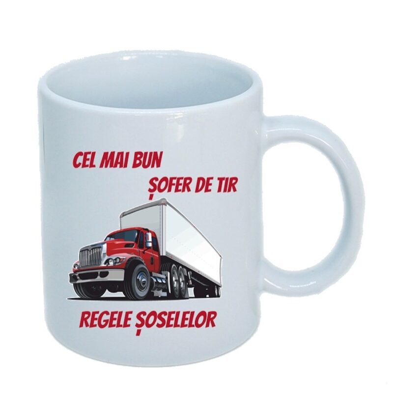 Cana personalizata ceramica alba " Cel mai bun sofer de tir - Regele soselelor " , 330 ml
