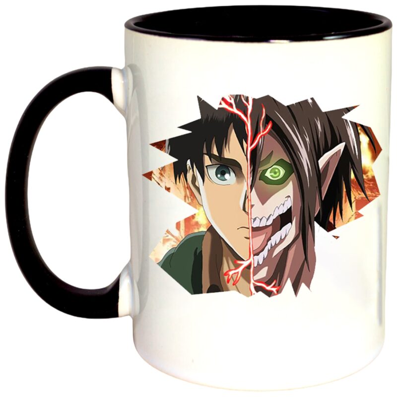 Cana personalizata cu interior colorat, negru, Cana Eren Yeager Attack on Titan AOT Manga Anime, 330 ml