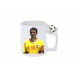 Cana ceramica cu maner fotbal antistres ''Gheorghe Hagi la nationala Romaniei'', alba, 350 ml