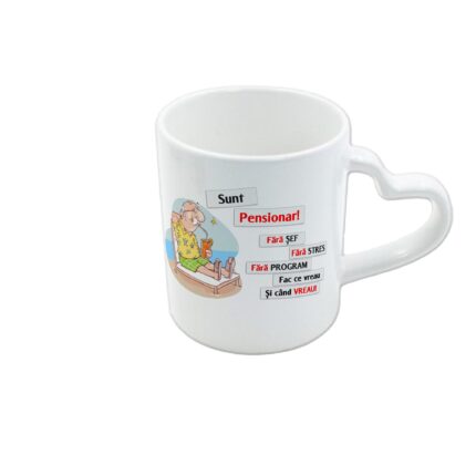 Cana alba cu toarta inima personalizata cu mesaj Sunt Pensionar, 330 ml, Pop Radu Daniel II