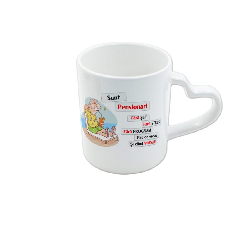 Cana alba cu toarta inima personalizata cu mesaj Sunt Pensionar, 330 ml, Pop Radu Daniel II