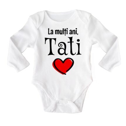 Body cu maneca lunga bebe personalizat cu mesaj "La multi ani, tati!", alb, 100% bumbac, 0-3 luni