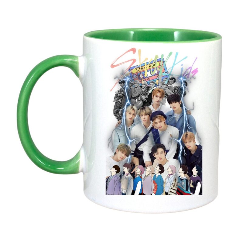 Cana personalizata cu imprimeu Stray Kids, Ceramica, 330 ml, Maner si interior Verde