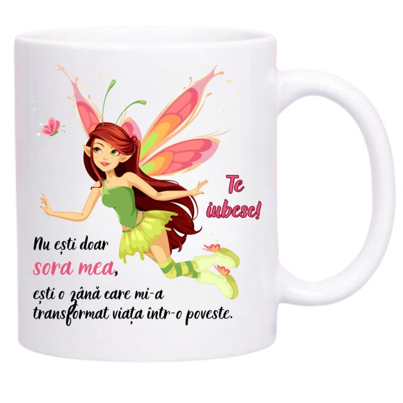 Cana personalizata, pentru sora, imagine zana, 330 ml