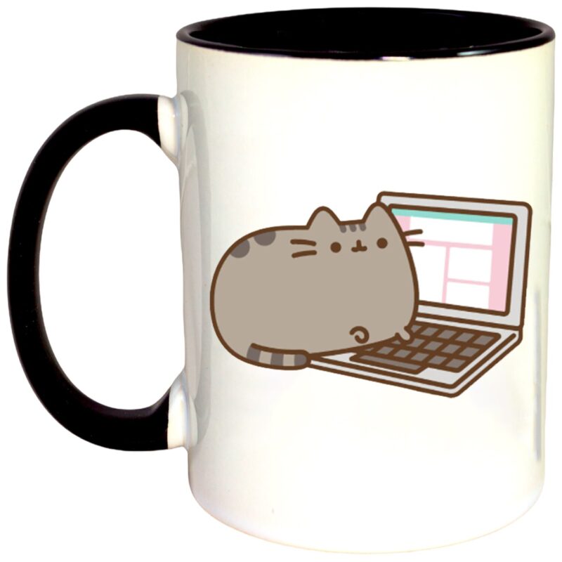 Cana personalizata cu interior colorat, Negru, Pusheen Cat Laptop Plush Valentines Day, 330 ml
