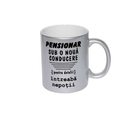 Cana sidefata argintie personalizata Pensionar sub o noua conducere, 330 ml, Pop Radu Daniel II