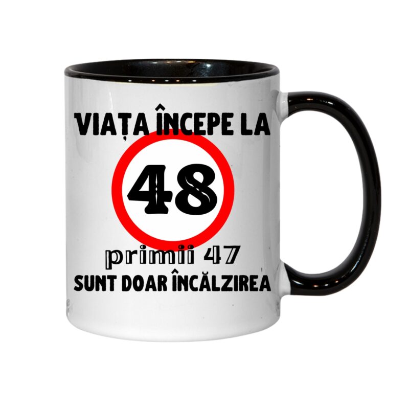Cana personalizata - Viata incepe la 48 de ani, negru interior, 330 ml