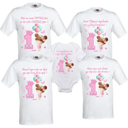 Set 4 tricouri si 1 body personalizate Aniversare 1 an, Taiere Mot, Turta, Fetita cu baloane, My Way, CRLA5, Roz, 100% bumbac, S