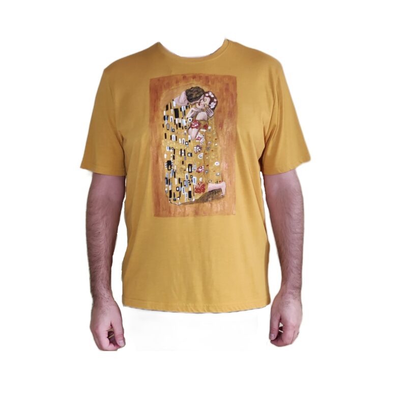 Tricou personalizat pictat manual cu Sarutul lui Gustav Klimt, Mustar, XL INTL