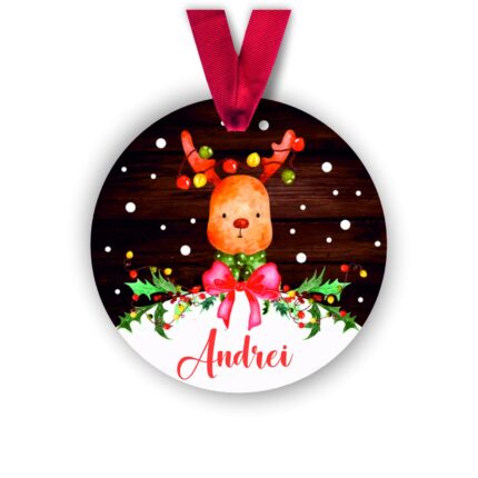Glob din lemn personalizat cu numele Andrei, model ren, multicolor, 8 cm