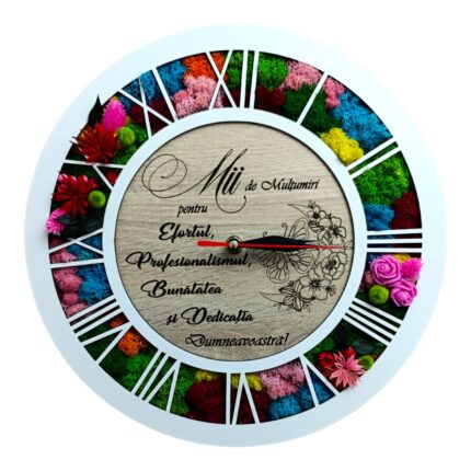 Ceas de perete decorat cu licheni naturali stabilizati, personalizat cu mesaj standard pentru profesor, invatatoare, medic, "Mii de multumiri...", 30cm, model 1, alb