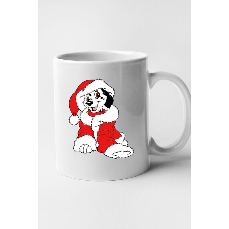 Cana personalizata cu imprimeu, Dalmatieni - Editia de Craciun model 4, Ceramica, 330 ml, Maner si interior Alb