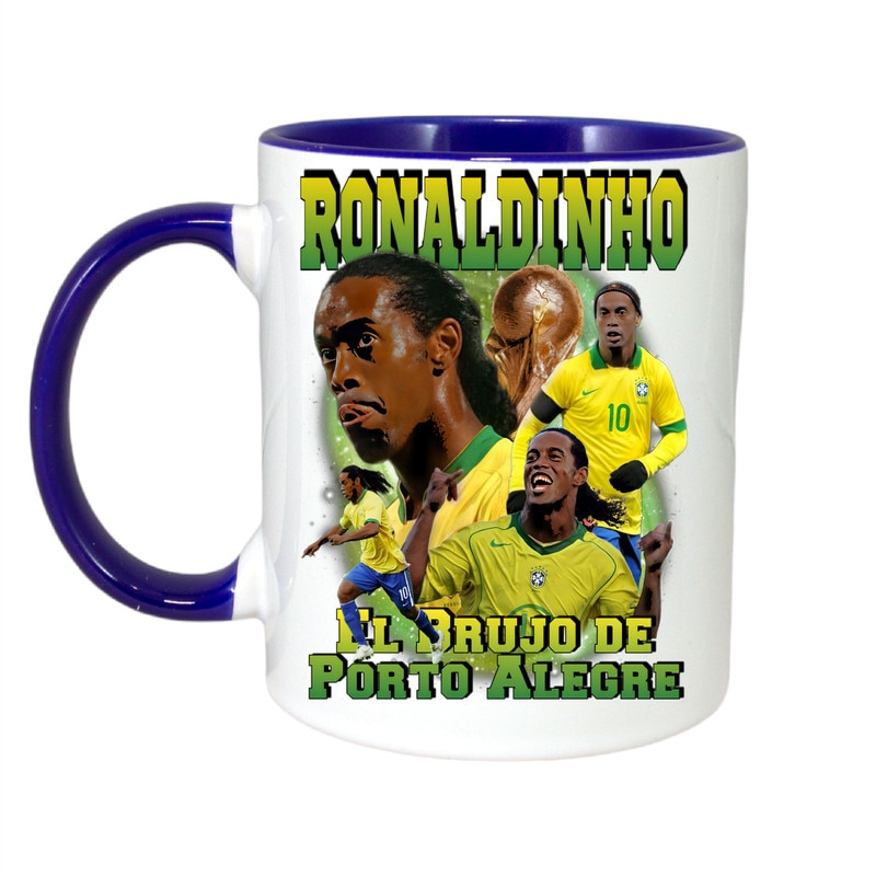 Cana personalizata cu imprimeu Ronaldinho, Ceramica, 330 ml, Maner si interior Albastru