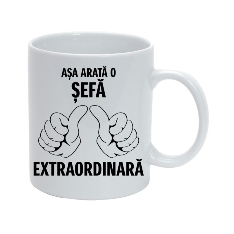 Cana personalizata cu mesaj "Asa arata o sefa extraordinara", Vlatud, ceramica, alb, 330ml