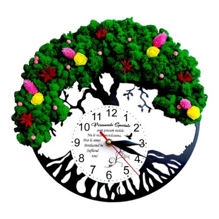Ceas de perete decorativ copacul vietii, personalizat cu mesaj standard pentru familie, prieteni, fini, nasi, "Persoanele speciale...", decorat cu licheni stabilizati si flori decorative naturale, model 1, negru, 30cm